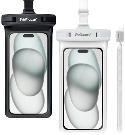 wellhouse 2 Stück wasserdichte Handyhülle für iPhone 15 14 13 12 Pro Max XS Samsung, IPX8 3D wasserdichte Tasche Handy Tasche Strand-Essentials Schwarz + Weiß 7 Zoll