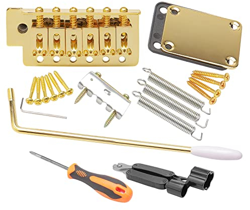 Unxuey E-Gitarre Tremolo Bridge Bar Kit, 6 Saiten Brücke Tremolo System Set mit Halsplatte Verstärkungsplatte für Fender Strat Gitarre Ersatz, Gold