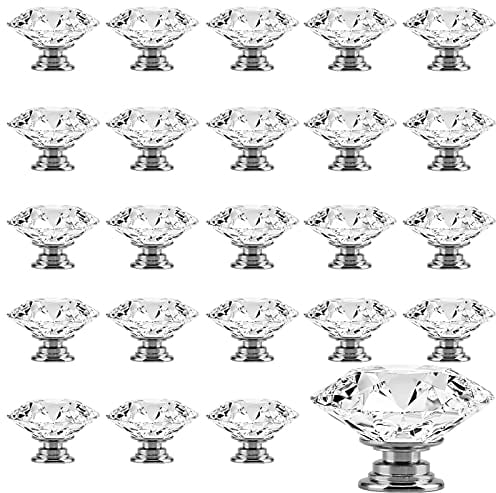 KOHAND 24 PCS 40mm Clear Crystal Door Knobs, Crystal Glass Drawer Knob Diamond Door Handles with Screws, Drawer Pulls and Knobs for Home Kitchen Office Chest Bin Drawer Cabinet