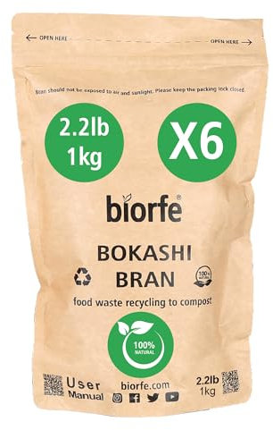 Biorfe Son Bokashi Premium 6-Pack (500 g chacun) Starter de Compost Organique Toutes Saisons, Compostage de Cuisine Rapide avec Éliminateur d'Odeurs, Son pour Bacs de Compost avec Accélérateur