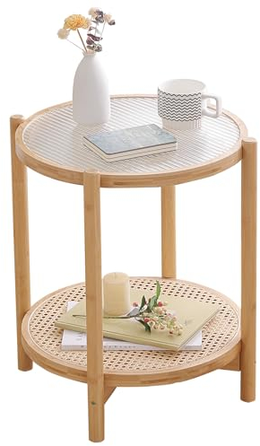Tiita Table d'appoint en rotin, tables de chevet en bambou, tables basses en verre, table d'appoint en bois bohème avec rangement pour petit espace, salon et chambre à coucher