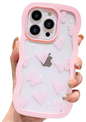 HZLFCZL Compatible with iPhone 14 Pro Max Case Cute Cartoon Heart Butterfly Clear Pattern Design Women Girls Kawaii Wave Slim Soft TPU Transparent Cover for iPhone 14 Pro Max 6.7 inch-Pink