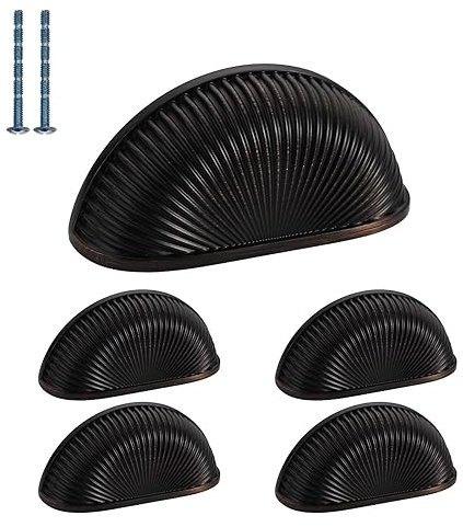 9BUILD 6 Pack Oil Rubbed Bronze Retro Door Handle Shell Cup Handles Vintage Kitchen Cupboard Drawer Cabinet Handles Pull Silver Half Moon Furniture Wardrobe Knobs Handware(76MM)