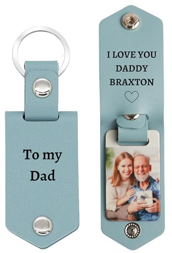 Eletizy Personalisierter Foto-/Text-Leder-Schlüsselanhänger für Männer/Freund/Vater/Ehemann, Vatertag, individuelles Bild, Fahrsicherheits-Schlüsselanhänger (hellblau)