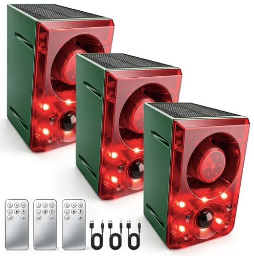 ChunHee Solar Outdoor Motion Sensor Alarm Dog Barking Gunshot Sound 130dB | Support Recording and Adjustable Volume,Loud Noise Maker 3 Work Modes Strobe Light for Home, Villa, Farm, Barn (3pack)