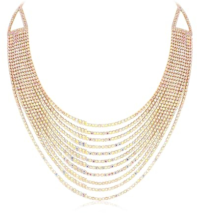 EVER FAITH Mehrschichtige klobige Halskette, Glitter Schillernder Gold-Ton Strass Wasserfall Mehrstrang Multi-Strand Ketten Statement Lätzchen Halskette Modeschmuck