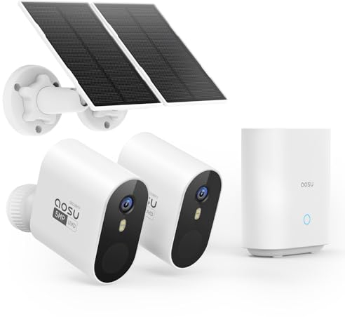 AOSU 3K Überwachungskamera Aussen Solar Akku Set, 5MP 2er Kamera Outdoor WLAN Überwachungs Außen Schärfer als 2K, Ohne ABO, 32G Lokale Homebase, Farb-Nachtsicht, Aussenkamera, Automatische Verfolgung