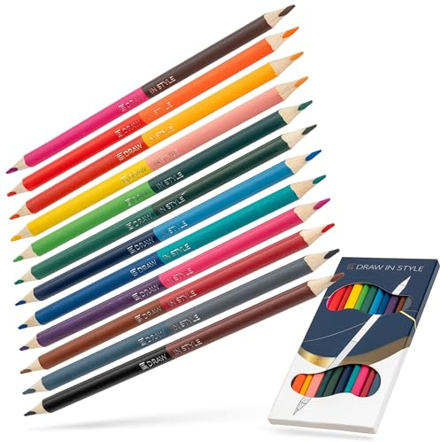 Duo Buntstifte - Bicolor Doppel Buntstifte - jeder Stift mit 2 verschiedenfarbigen Enden - 24 Farben in 12 Stiften - je Stift zwei Farben - mehr Farben in der Federmappe - dreieckige Stiftform