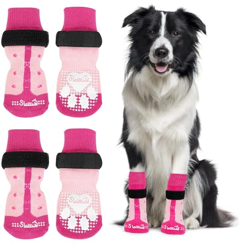 SlowTon 2 Paar Indoor Anti-Rutsch Socken für Hunde, weicher Verstellbarer Pfotenschutz mit Klettverschluss für Hartholzböden in Innenräumen, Hundesocken für kleine, mittlere große Hunde(Rosenrot, L)