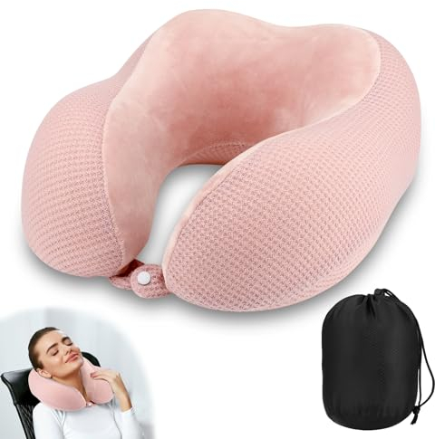 Oreiller de Voyage, Coussin de Voyage en Mousse à Mémoire Forme, Coussin Avion Cou, Coussin Voyage, Oreiller Avion, Tour de Cou Avion, Oreiller Cervical avec Sac de Rangement pour Voyage, Rose