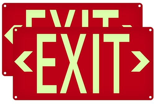 Photolumineszierendes Exit-Schild, rot, mit starkem Selbstklebeband, 36 x 19 cm, robuste Aluminiumschilder, rostfrei/lichtbeständig, 2 Stück