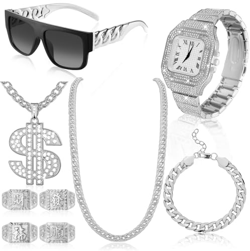 Equsion 9 Pcs Hip Hop Jewelry Set Dollar Sign Pendant Necklace Bracelet Diamond Watch Punk Sunglass Ring Jewelry Kit for Men(Silver)