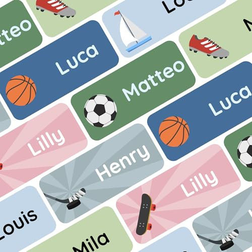 Klebekerlchen® Namensaufkleber für Kinder (60 Stück), Kleidung & Gegenstände Namensschilder personalisiert und waschmaschinenfest, Schule und Kindergarten - Sport