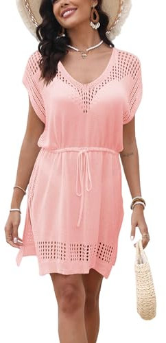 Codkkre Robe de Plage Femme Été Cache Maillot de Bain Femme Crochet Tenue de Plage Blouse de Plage Sexy V-Cou Bikini Cover Up, Rose