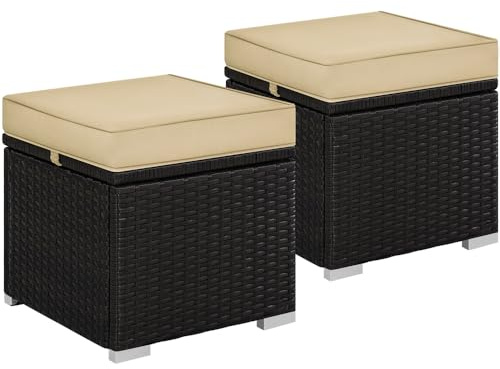 Yaheetech Poufs en Rotin pour Extérieur 2 pcs, Lot de 2 Ottomanes de Jardin en Rotin de Rangement avec Coussin 40 x 40 x 41 cm pour Amenagement Balcon Terrasse Marron/Kaki
