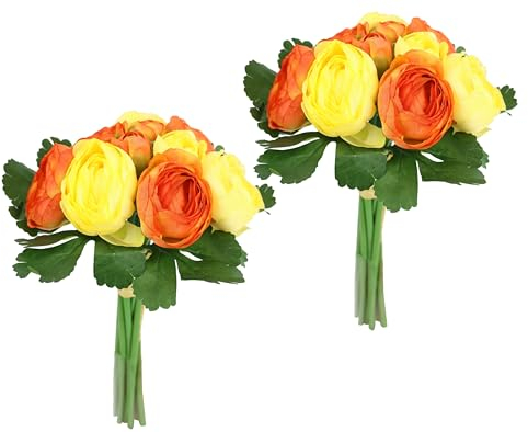 Flair Flower Künstliches Bouquet aus Ranunkeln Strauß Kunstblumenstrauß Seidenblumen Blumenbouquet Blumenstrauß Blumenarrangements Blumenbusch Kunstblumen Blumensträuße Blumen Hochzeit, gelb/orange