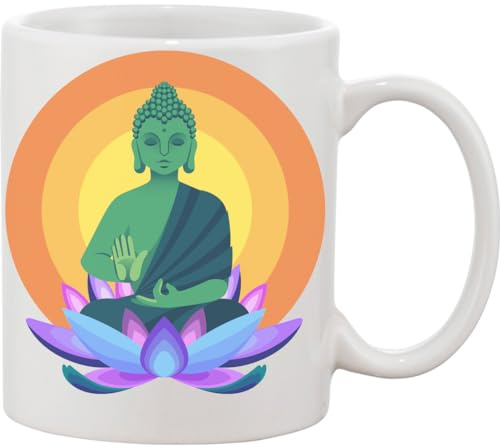 Taza de cerámica con diseño colorido de Buda meditador, color blanco
