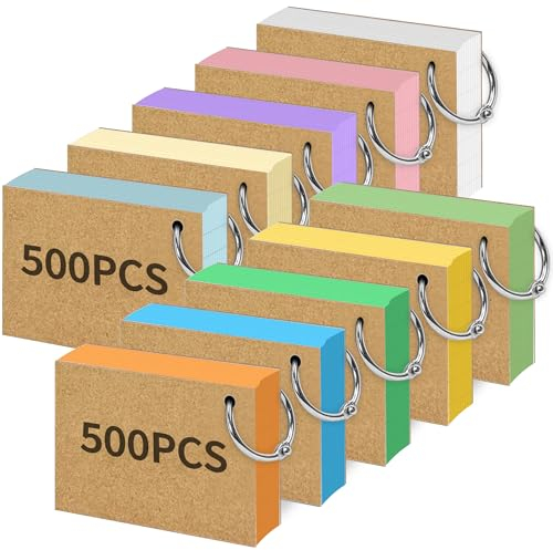 Rhimooay 500 Stück Karteikarten A8 liniert, 220g/m² Verdickte Karteikarten, Vokabelkarten Lernkarten Flashcards mit 10 Binderinge und 20 Stück Kraftpapier für Unterwegs Vokabel Lernen, 10 Farben