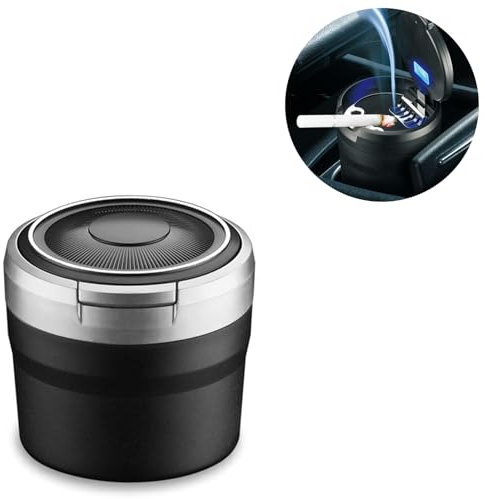 Aschenbecher Auto, Auto Aschenbecher mit Deckel, Tragbarer rauchfreien Aschenbecher mit LED Licht, Edelstahl Fahrzeug Zigarette Aschenbecher für Autos Van Outdoors Camping (Silber)