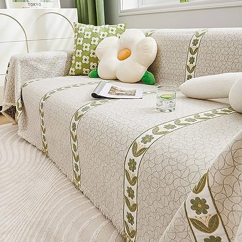 Bishilin Couchbezug Nordisch Katzenschutz, Sofabezug Ecksofa 1 Sitzer Blätter Blumen Motiv Beige mit Quasten 180x180CM Couch Überwurf Sofaüberwurf Chenille