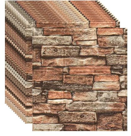 3D Wandpaneele Selbstklebend Steinoptik 35x39cm 3D Ziegelstein Tapete Wandfliesen Schaumstoff Wasserdicht Wandaufkleber für Wohnzimmer Küche Badezimmer (Roter Stein, 36 Stück)