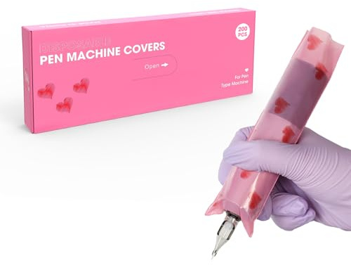 EZ Couvertures de Machines à Tatouer - 200pièces (5cm X 16cm) Imprimé Cœur Rose Jetable Sacs pour Stylos de Tatouage pour la Machine à Tatouer