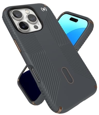 Speck Presidio 2 Grip für iPhone 16 Pro – Schlanke MagSafe und ClickLock Handyhülle – Anthrazitgrau/Bronze