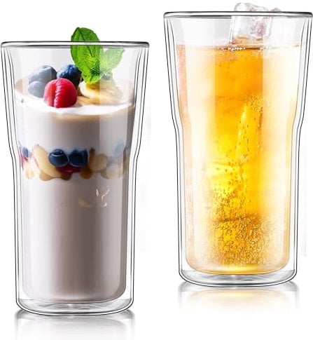 Joeyan Large 500ml Double Walled Drinking Glasses for Coffee Latte Cappuccino Tea Mulled Wine Beer, Insulated Thermal Glass Cups for Hot Cold Drinks, Tall Borosilicate Tumblers, Clear Mugs, Set of 2