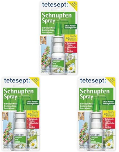 tetesept Schnupfen Spray – Nasenspray mit 5 ätherischen Ölen bei Erkältung - befreit die Nase, erleichtert das Durchatmen und befeuchtet die Nasenschleimhaut – 1 x 20 ml (Packung mit 3)
