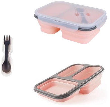 Wjelet Faltbare Brotdose Auslaufsichere Silikon Lunchbox Mit Fächern, Ideal Für Erwachsene Und Kinder, Faltbare Dose Für Unterwegs, Inkl, Löffel Und Gabel, Perfekt Für Schule Und Picknick (Rosa)