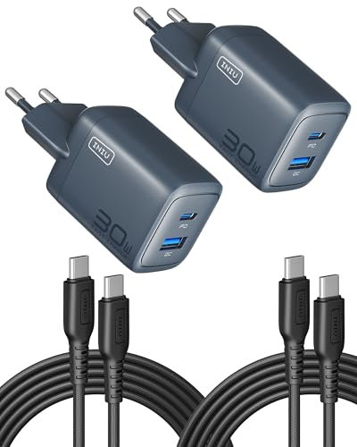 INIU Lot de 2 chargeurs USB C et A de 30 W, multiples, avec câble USB-C, fiche chargeur rapide PD 3.0, adaptateur USB C, pour iPhone 16 15 Pro Max, iPad Pro, Samsung S24 Ultra, téléphone portable, etc
