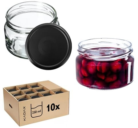 KADAX 10er Set Marmeladengläser 250 ml mit Schraubdeckel Ø 82 mm in Schwarz matt - luftdichte, spülmaschinenfest, ideal für Marmelade, Chutneys, Eingelegtes Gemüse, Fleisch, Pasteten & Babynahrung
