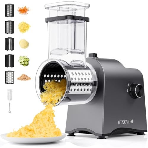 5 in 1 Electric Cheese Grater Salad Puller with 5 Different Shapes of Blades, 250W Automatic Cheese Shredder, Electric Kitchen Slicer with Rotary Switch for