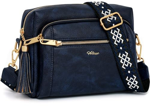 HILAEX Umhängetasche Damen mit 4 Fächern, Handtasche Damen Mittelgroß mit Anti Diebstahl Leder Crossbody Bag mit Verstellbar Abnehmbar Breiter Schultergurt Blau