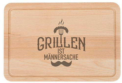 Großes Brotzeitbrett, Schneidebrett aus Buchenholz, mit Gravur 'Grillen', 30x20x1,5cm und Saftrille. Geölte Oberfläche hochwertige Lasergravur (Männersache)