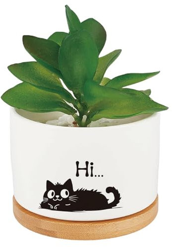 craspire Blumentöpfe Schwarze Katze Weiße Keramik Süßer Übertopf Sukkulenten Kaktus Blumen Porzellanhalter Behälter Holztablett Abflussloch Heimbüro Dekoration Für Pflanzenliebhaber Freunde Kollegen