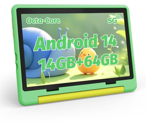 Hakaug 10 Inch Kids Tablet Android 14 Tablet with Protective Case - Octa-Core Processor, 14GB RAM, 64GB ROM + 1TB Expandable, 5MP+8MP, 5000mAh, Parental Control, 5G WiFi 6, BT 5.3, Green