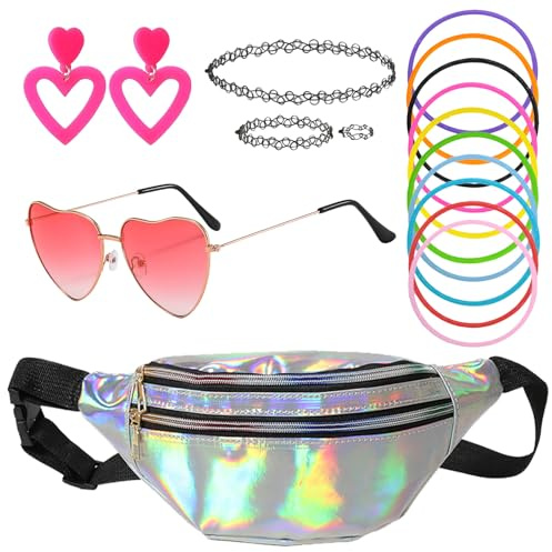 JSTHHTT 17 Pcs Déguisement Année 80 Accessoire Femme, Accessoires des années 90, Sac Banane, Boucles D'oreilles, Lunettes, Disco Costume Vetement Fête