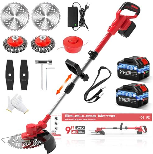 Rasentrimmer mit Akku und Unkrautbürste,4 In 1 Akku Rasentrimmer für Makita Akku, 21V Freischneider Akku – 2X4000mAh Akku,Elektro Motorsense Teleskopische Verstellung für Rasen Garten (Rot)