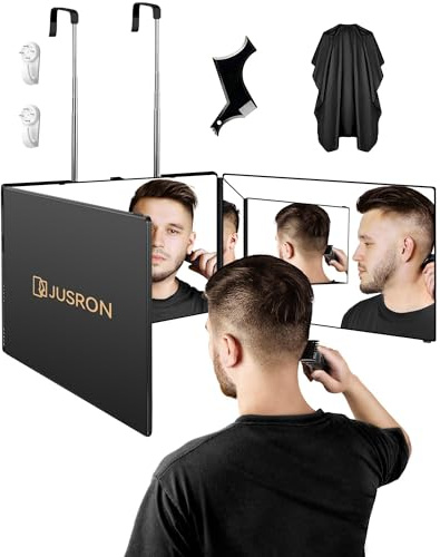 JUSRON 360-Grad-Blickwinkel-Selbstfrisierspiegel, klare Anti-befogende HD-Glas (Schwarz ohne LED mit Zubehör)