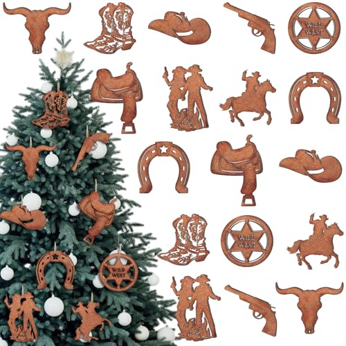 MorningRo 18 Stück Weihnachten Western Cowboy Ornamente Eisen hängende Weihnachtsbaum Ornamente Western Party Dekorationen Metall Hufeisen Cowgirl Bauernhof Stiefel Hut zum Aufhängen mit Seil für