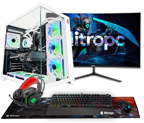 NitroPC - Pack Diamond Plus | PC Gaming Complet (AMD Ryzen 7 7700X 4,5 GHz, RTX 5060 Ti 16 Go, RAM 32 Go, M.2 2 to, Windows 11, RGB | WiFi, Moniteur incurvé 27, Clavier, Souris, Casque) (Blanc)