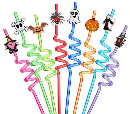 VerteLife 8 Pieces Halloween Straws Reusable Drinking Straw Plastic Straw Ghosts Skeletons Bats Spiders Jack-o'-Lanterns Curly Crazy Straw for Halloween Decoration
