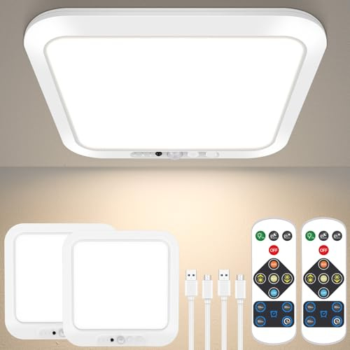 Rechargeable Motion Sensor Lights Indoor, Battery Operated LED Ceiling Light with Remote, Cordless Magnetic Bathroom Lights, 3 Colors Battery Powered Lamp for Loft, Shower, Garage, Porch- 2 Pack