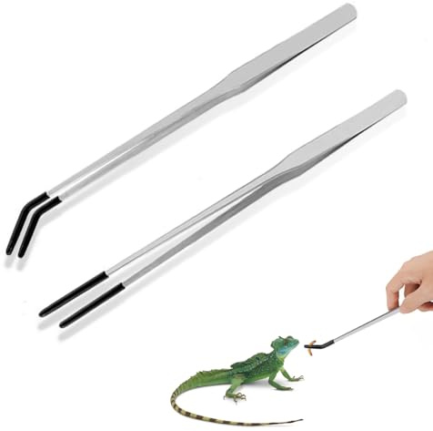 2 pinze per rettili con punta in gomma, in acciaio inox, dritte e curve, lunghe pinzette per acquario, pinzette extra lunghe per acquario e terrario