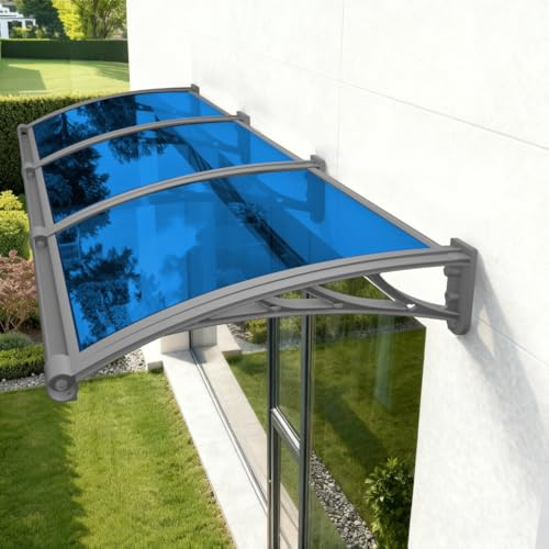 Vordach für Haustür, Überdachung Haustür mit Waschbecken aus Aluminium fur Markisen Fenster Türen Außenbereiche UV- Regen- Schnee- Sonnenschutz,Grau Platte-Blau PC Halterung 60x75cm