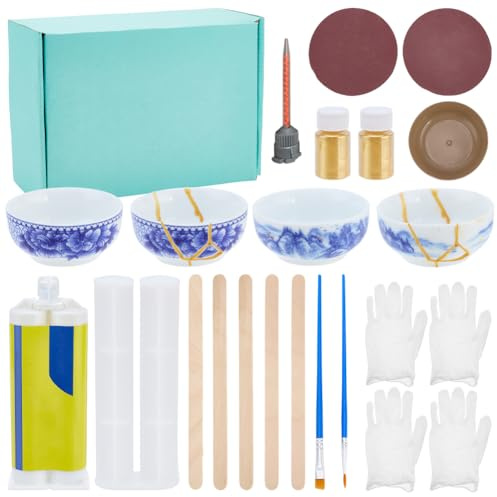 WEBEEDY 2 Set Kintsugi Reparaturset Gold Für Anfänger Japanisches Reparaturkunst Set Mit Übungs Keramiktassen Klebstoff Für Die Reparatur von Bedeutungsvollen Zerbrochenen Keramiken Kunsthandwerk