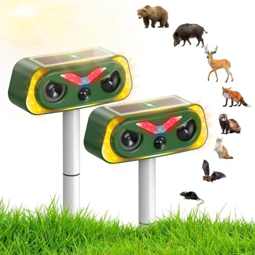 Uffylle Katzenschreck, Ultraschall Dualer Solar Eule 2 Modus Tiervertreiber IP68 Marderschreck mit LED Bewegungsmelder zur Abwehr von Katzen Mardern und Hunden vertreiben Garten, 2 Stück