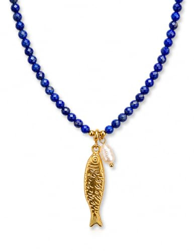 happymaker Edelstein Kette mit Fischanhänger und Süsswasserperle, Turmalin & Lapislazuli, lange Edelstein Halskette in schwarz oder blau, handgefertigt in Deutschland
