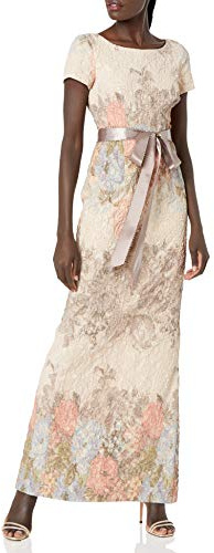 Adrianna Papell Women's Short-Sleeve Floral Matteleasse Column Gown Special Occasion Dress, Blush Multi, 16
